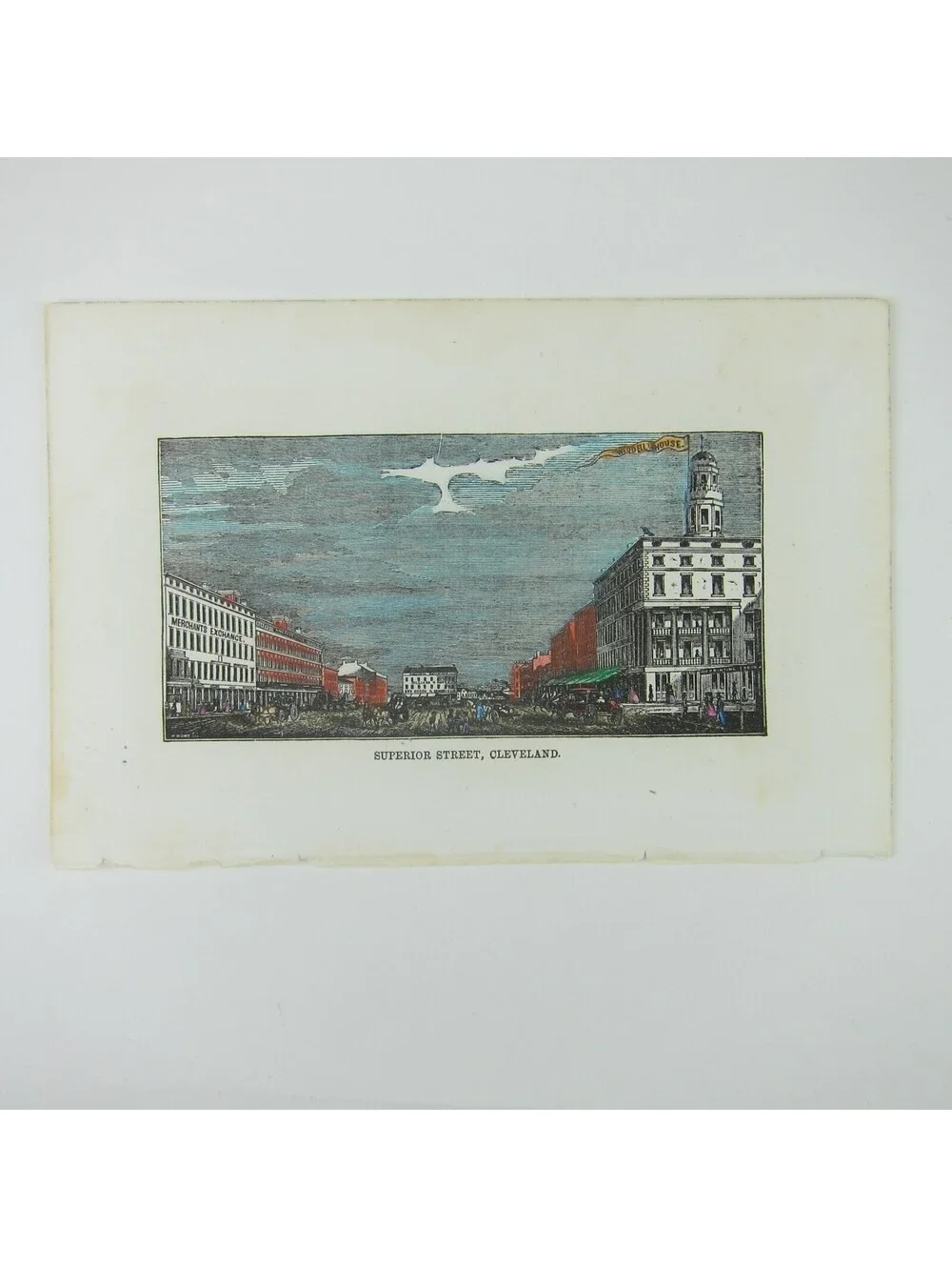 Engraving Print Cleveland Ohio Superior Street Scene Hand Colored Antique 1847